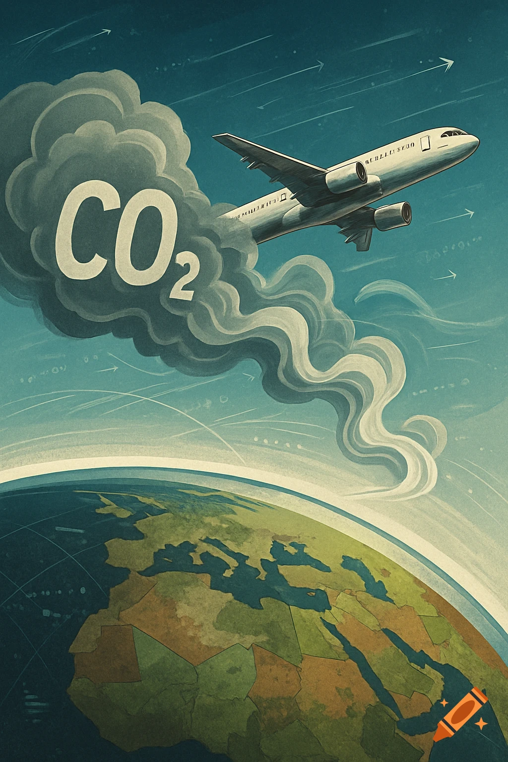 An airplane flies over Earth, emitting a large cloud of CO2, in an infographic style illustration.