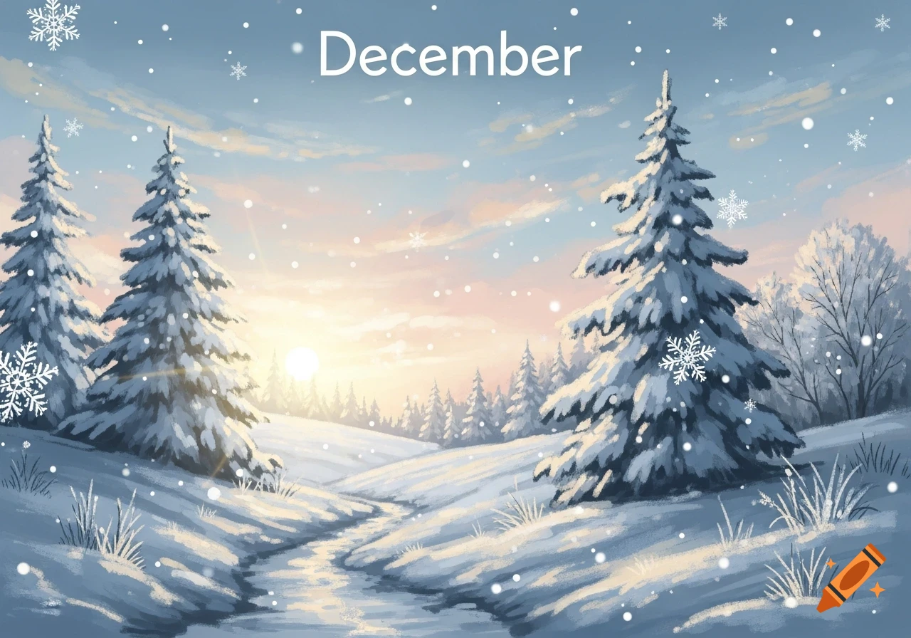 A snowy winter landscape with evergreen trees, a winding stream, and falling snowflakes under a sunrise sky, with 'December' written at the top.