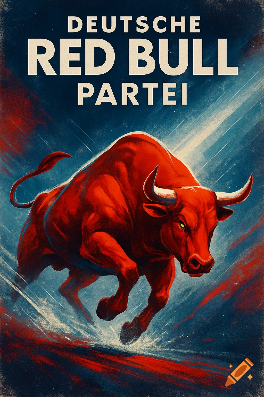 Dynamic red bull charges forward on a distressed blue and red background, with white text 'DEUTSCHE RED BULL PARTEI' above, in a vintage poster style.