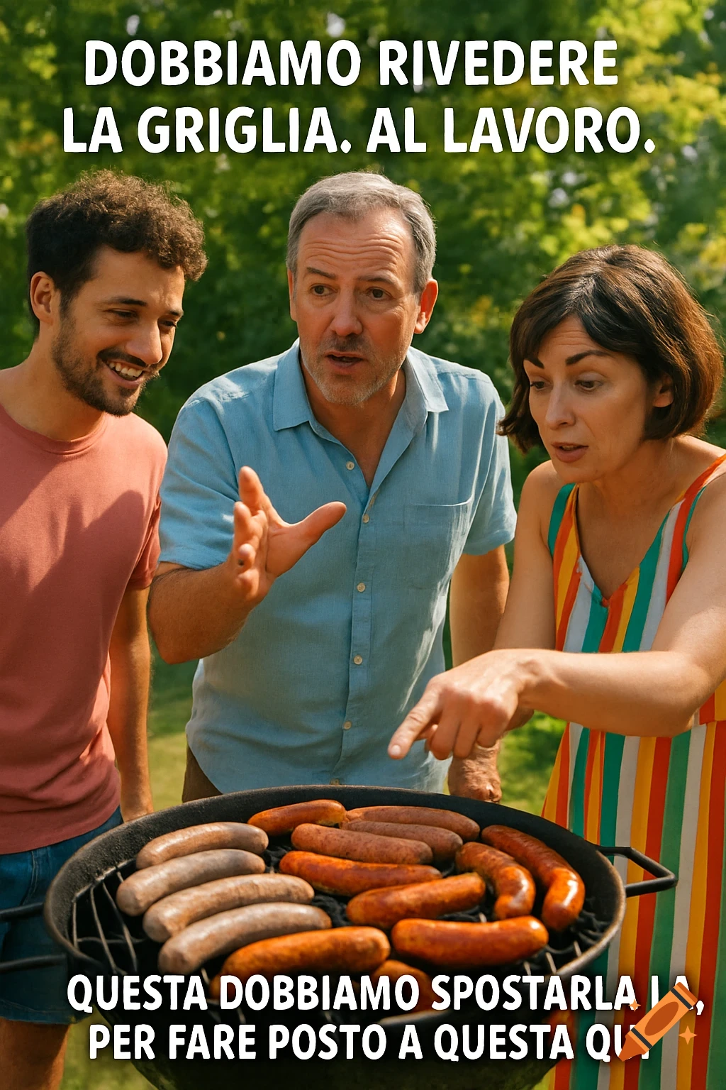 Three people stand around a barbecue grilling sausages, discussing and pointing, in a sunny outdoor setting.