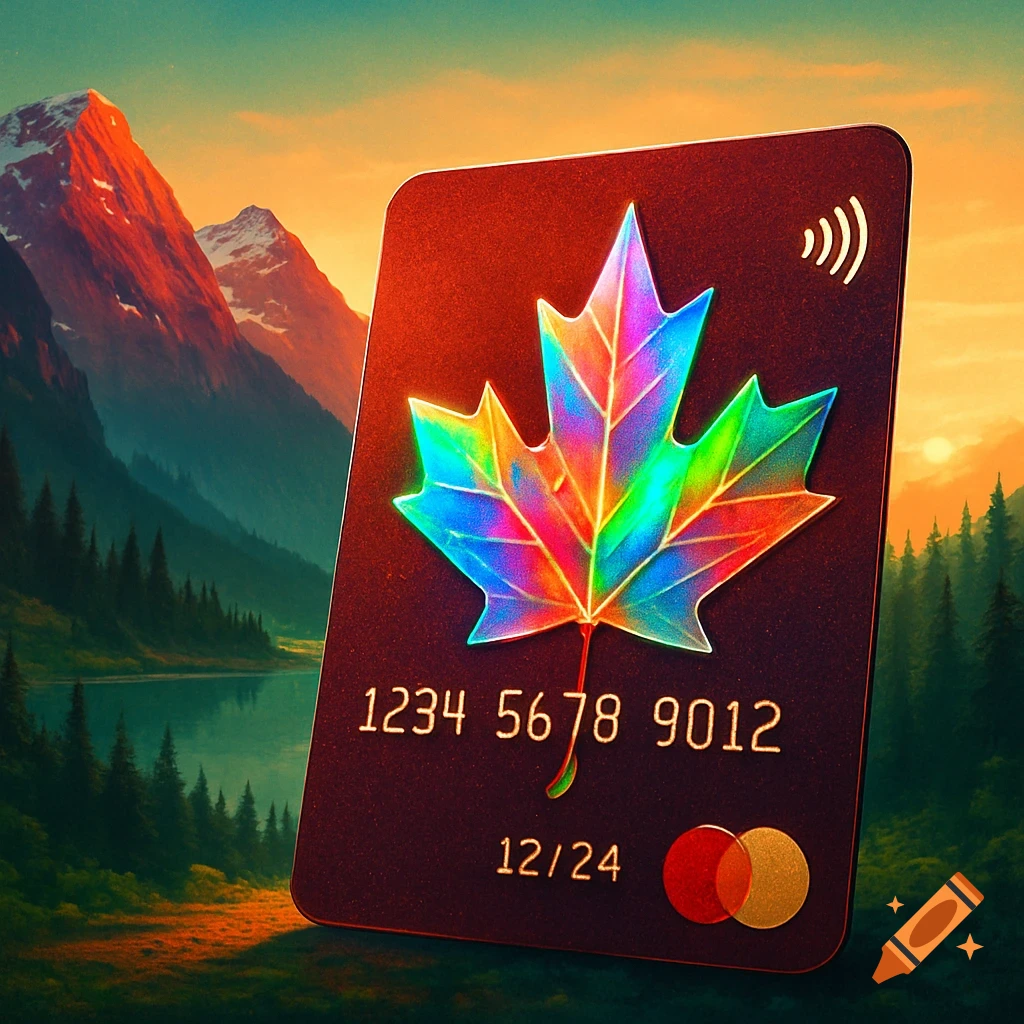 A credit card featuring a vibrant, rainbow-colored maple leaf, set against a backdrop of mountains, a lake, and a forest at sunset.