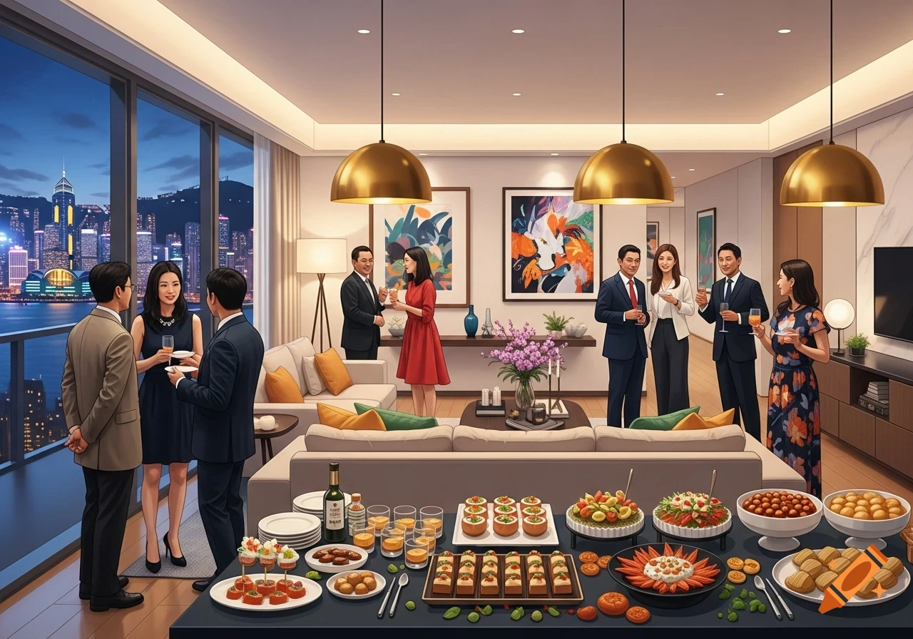 People socialize at a housewarming party in a modern apartment with a buffet, overlooking the Hong Kong cityscape at night.