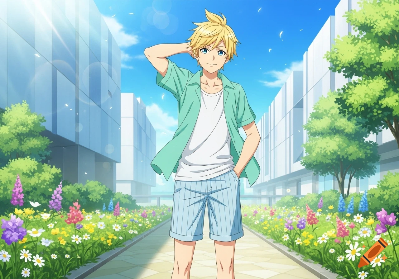 A smiling blonde anime boy in a light green shirt and blue striped shorts stands in a flower-lined path before modern buildings on a sunny day.