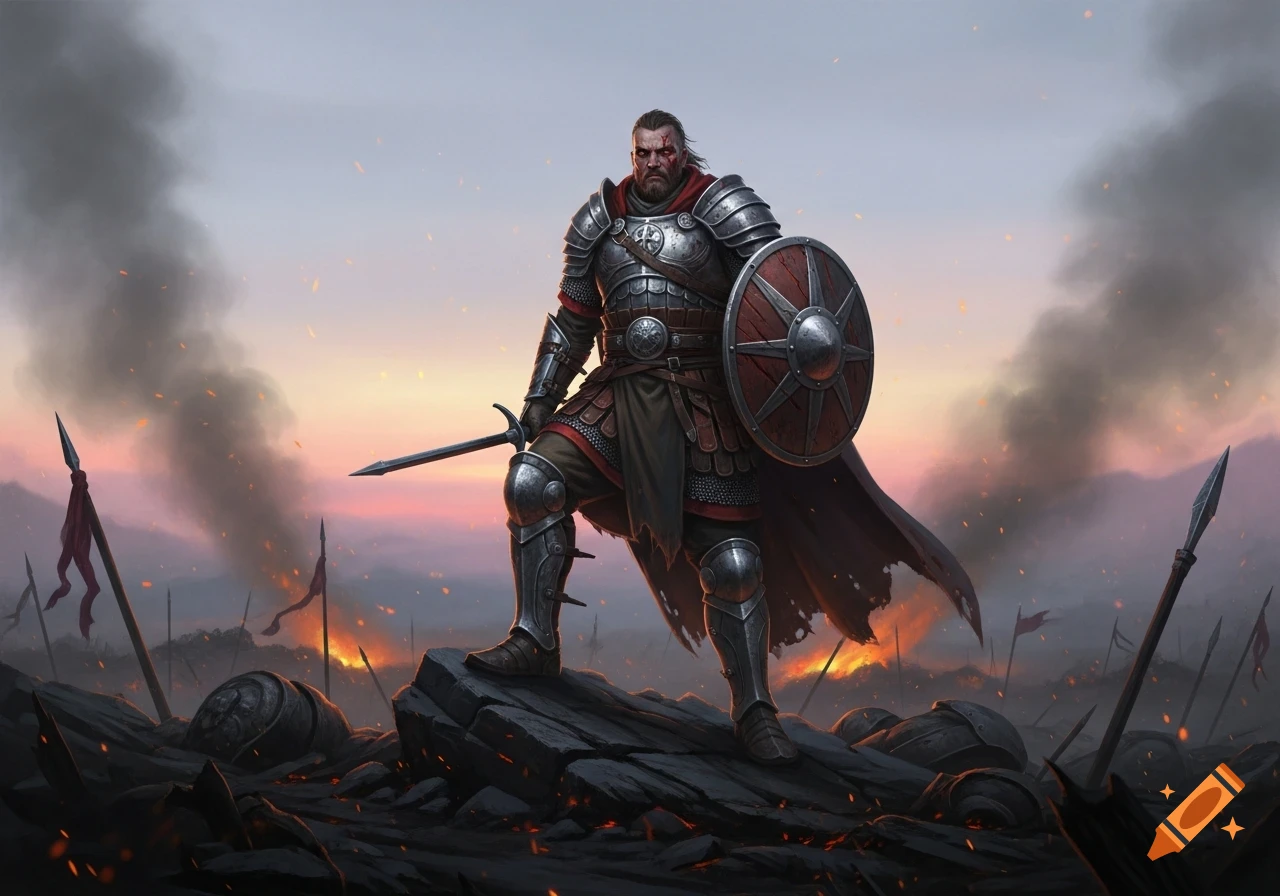 A powerful, armored warrior stands triumphantly on a rocky battlefield with smoke and fire at sunset.