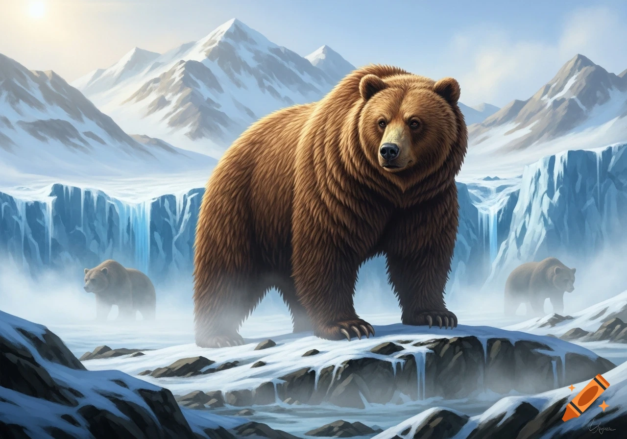 A brown bear stands prominently on a snowy rock, with two smaller bears and icy waterfalls in a vast mountain winter landscape.