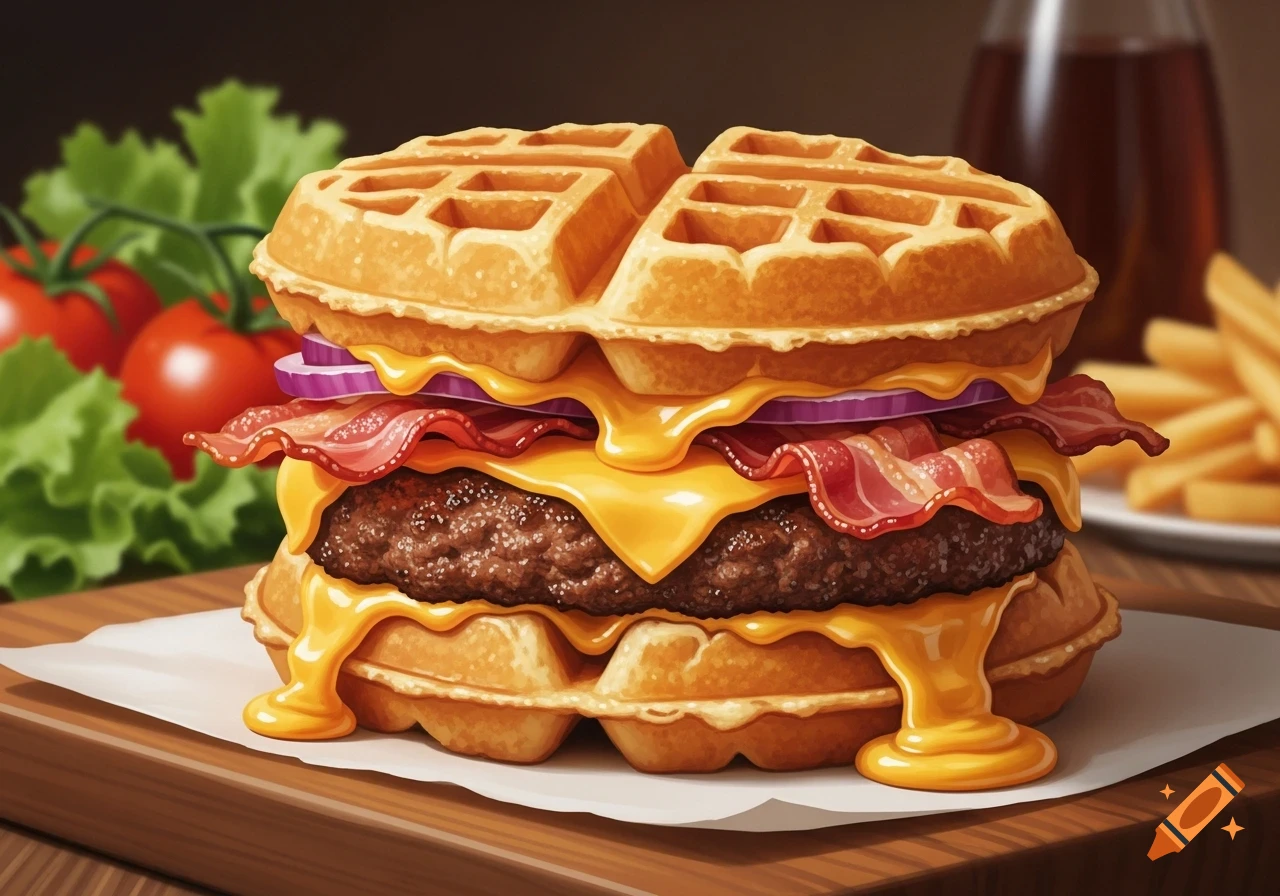 A delicious waffle burger with melted cheese, crispy bacon, and a beef patty, with vegetables and fries in the background.
