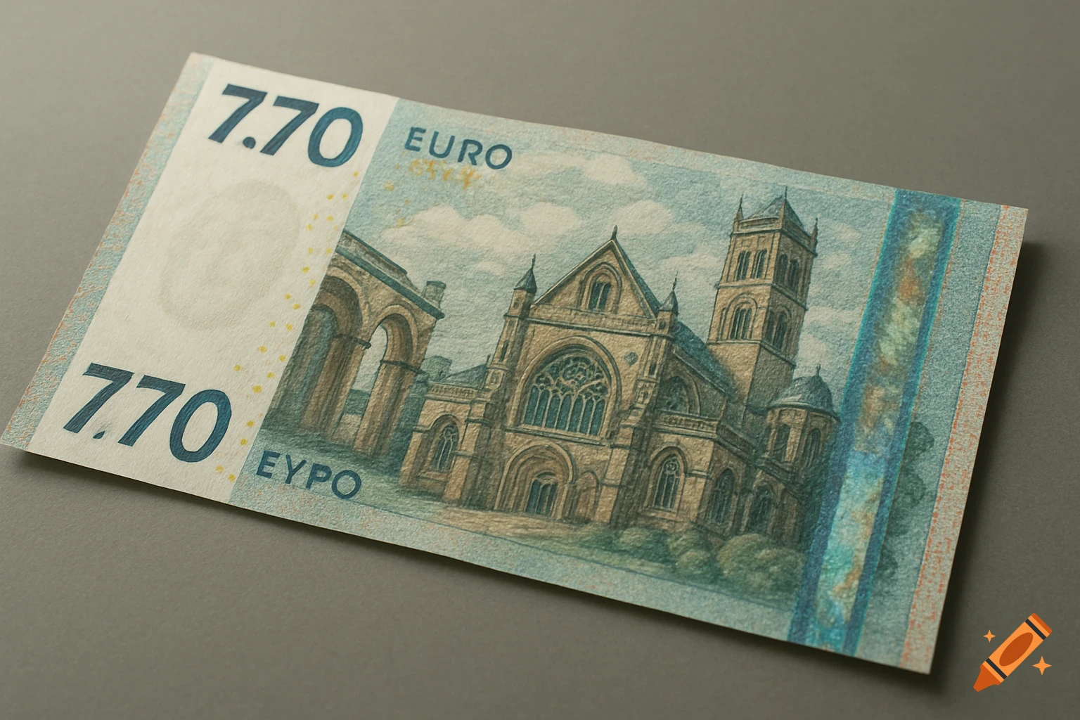 A realistic, light blue and brown 7.70 Euro banknote featuring a detailed architectural building, lying on a grey surface.