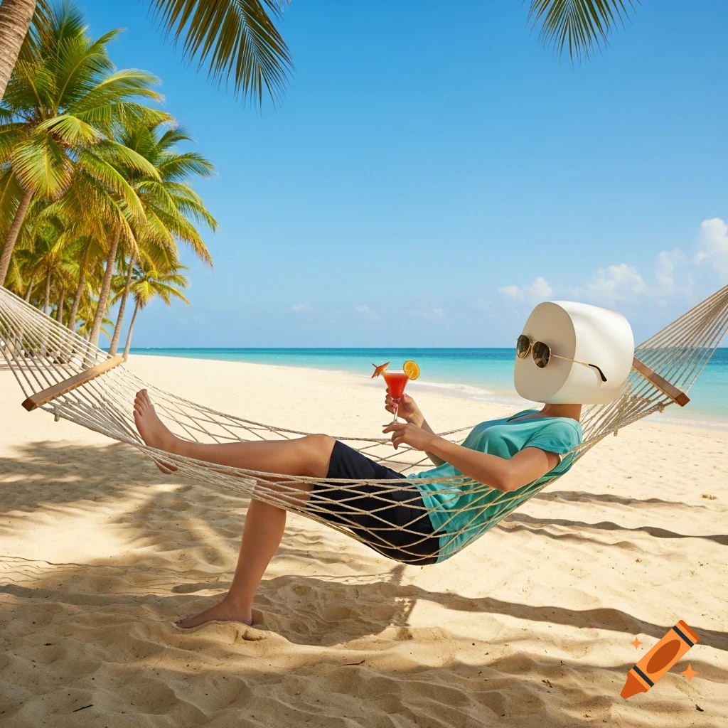 A person with a white cylindrical head and sunglasses relaxes in a hammock on a sunny beach, holding a cocktail. Photorealistic.