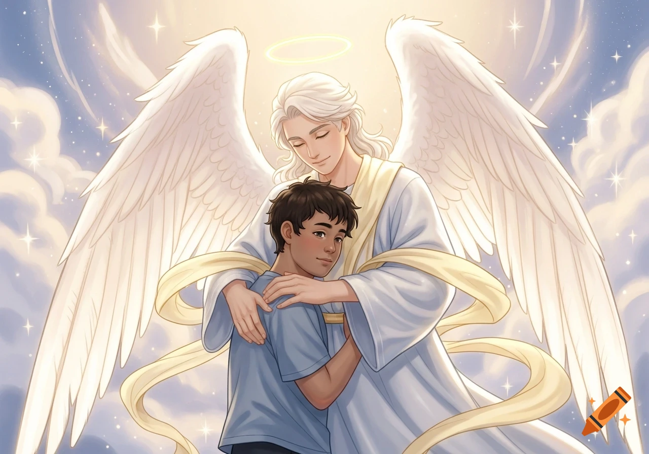 An angelic figure with white wings and a halo embraces a young man in a celestial, illustrative style.