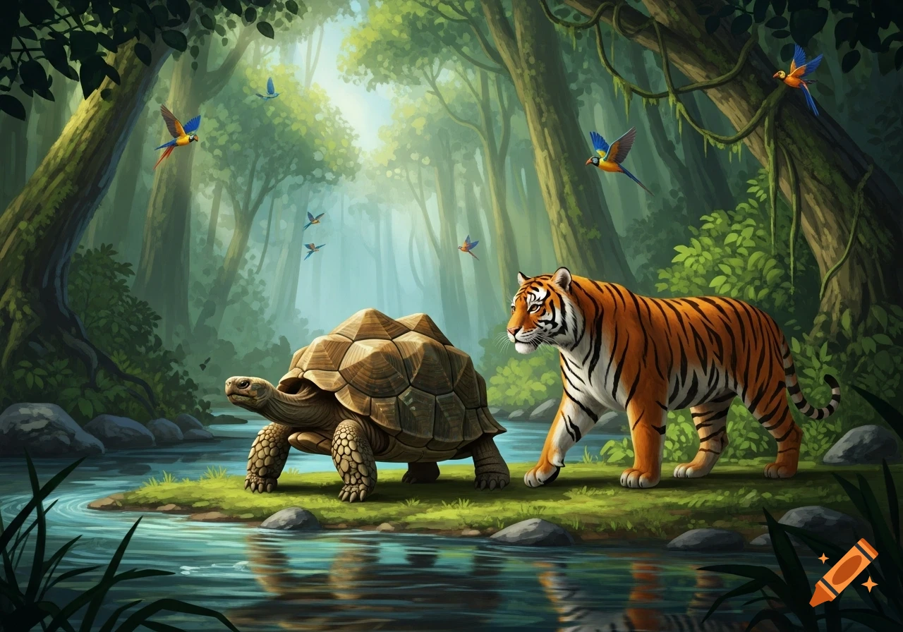 A large tortoise and a tiger stand by a riverbank in a lush rainforest with birds flying, in an illustrative style.