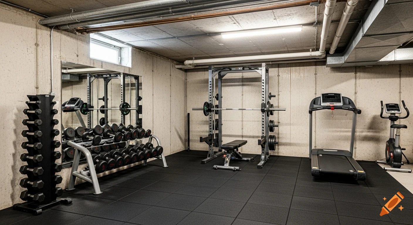 A home gym in an unfinished basement with concrete walls, exposed pipes, a power rack, dumbbells, treadmill, and exercise bike.