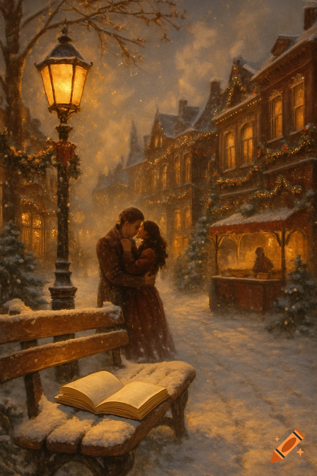 A romantic painting of a couple kissing under a glowing lamppost on a ...