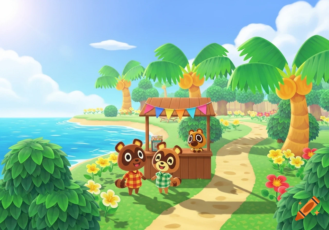 Timmy and Tommy from Animal Crossing stand near a market stall on a sunny tropical island with palm trees.