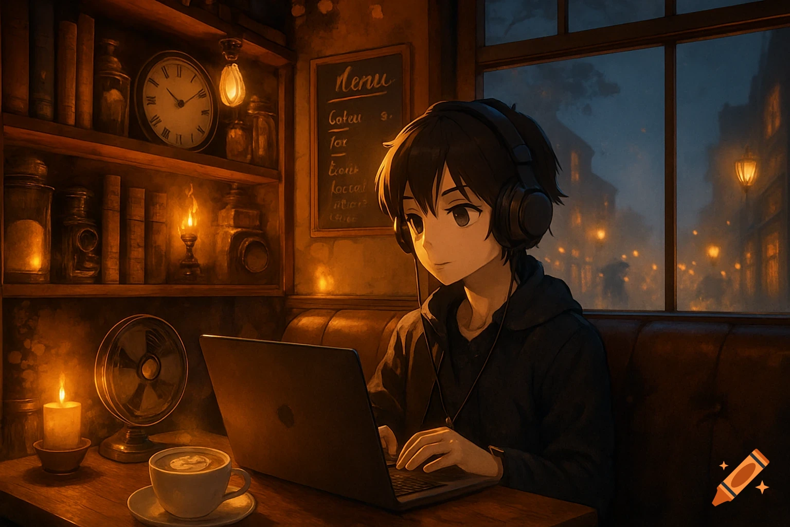 Anime character in headphones working on a laptop in a cozy, warm-lit vintage cafe at night with streetlights outside.