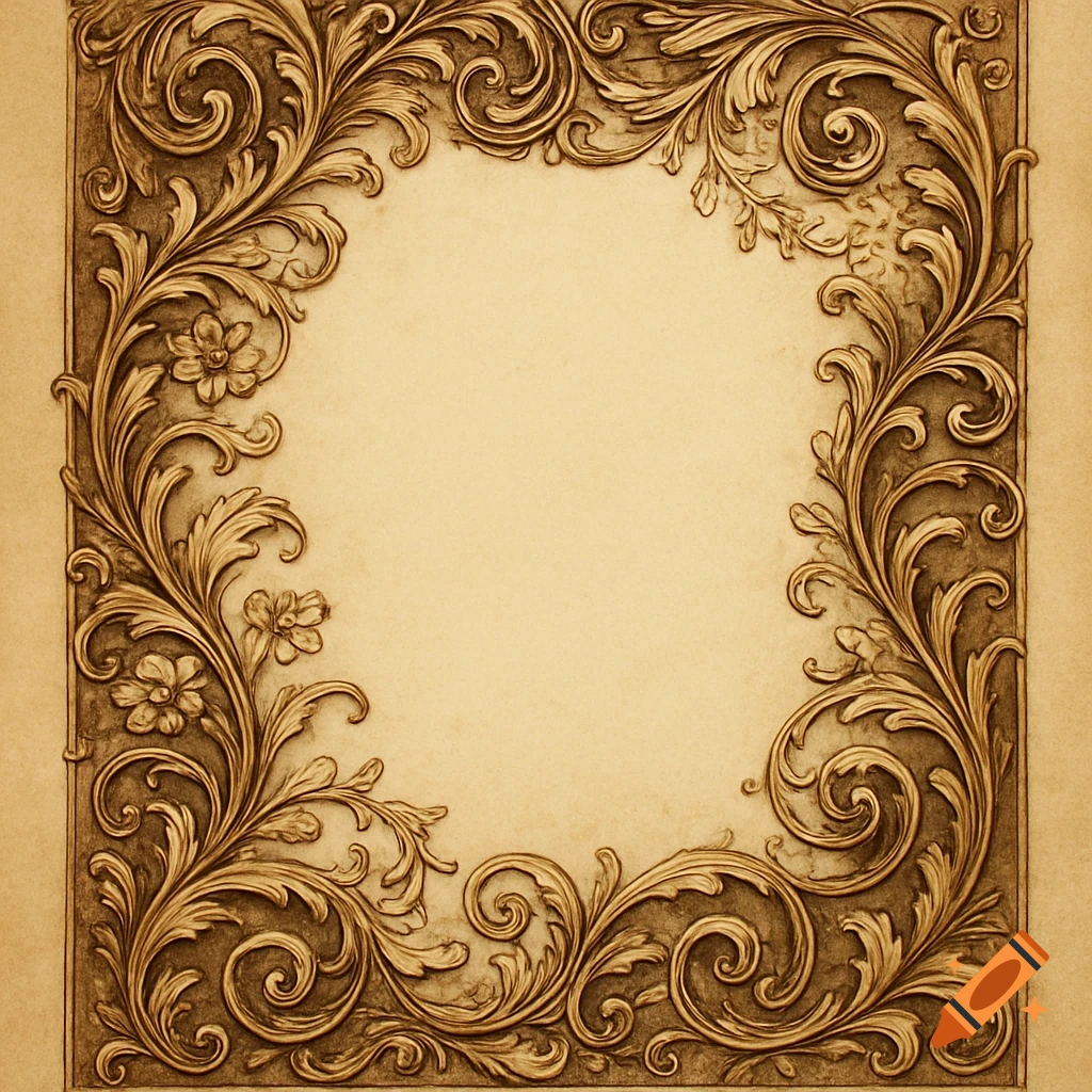 Ornate vintage letter border with intricate gold scrollwork and floral designs on a beige background.