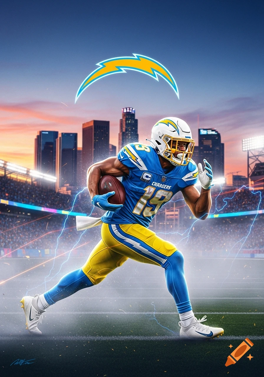 An American football player in a blue and yellow Chargers uniform runs with a football on a field, with a city skyline at sunset.
