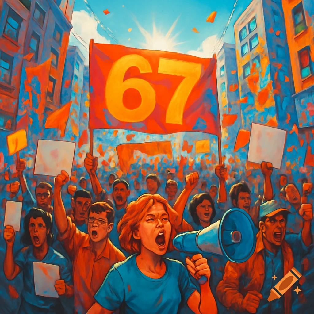 A large, colorful protest in a painterly style, with a crowd shouting and holding a banner displaying the number 67.