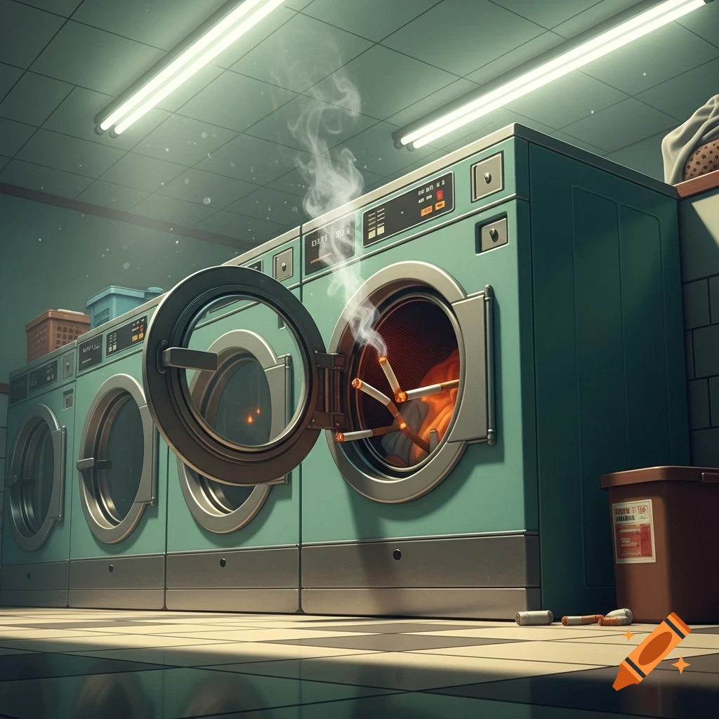 A teal laundry machine with its door open, filled with lit cigarettes and emitting smoke, in a stylized laundromat.