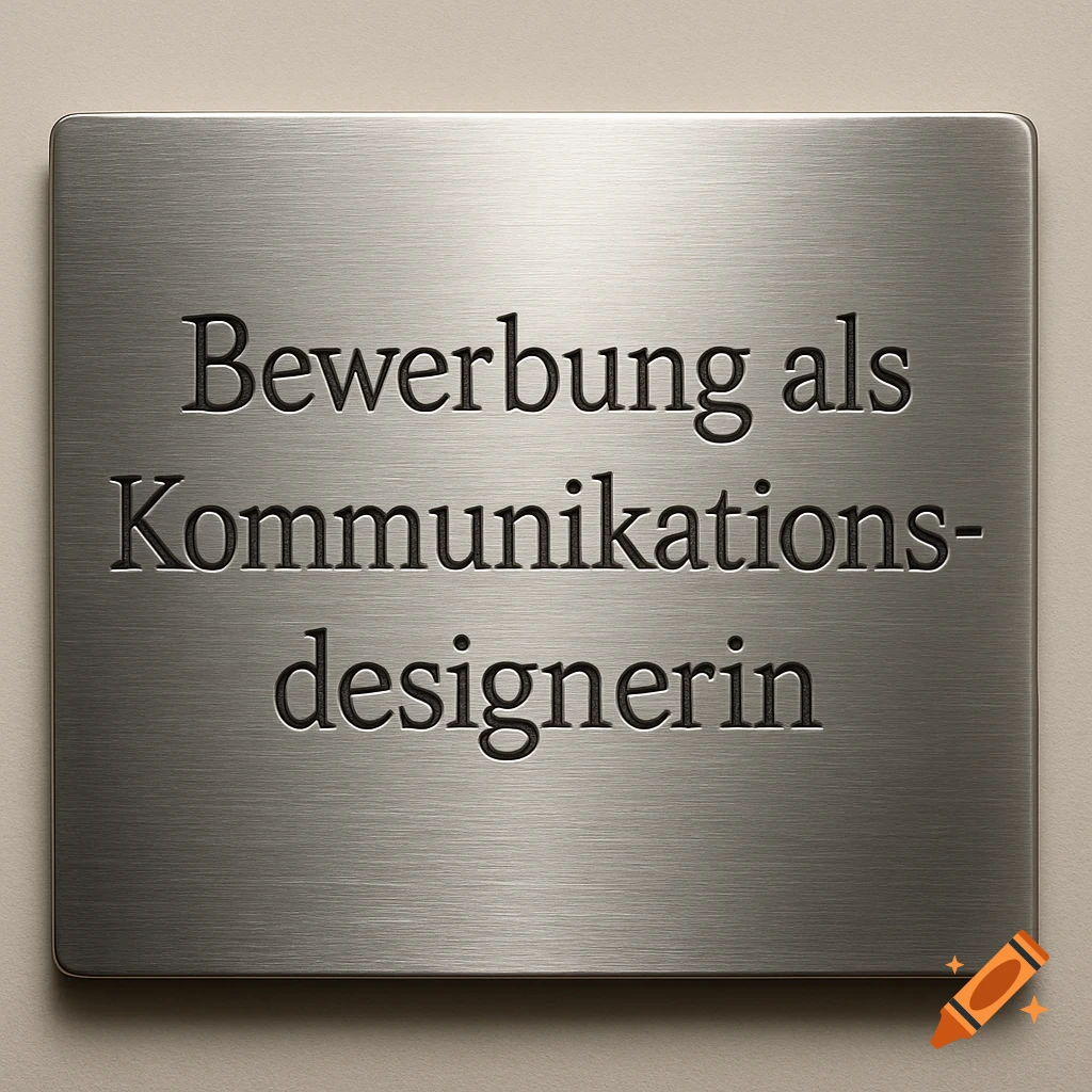 A silver brushed steel plaque with the engraved German text 'Bewerbung als Kommunikationsdesignerin'.