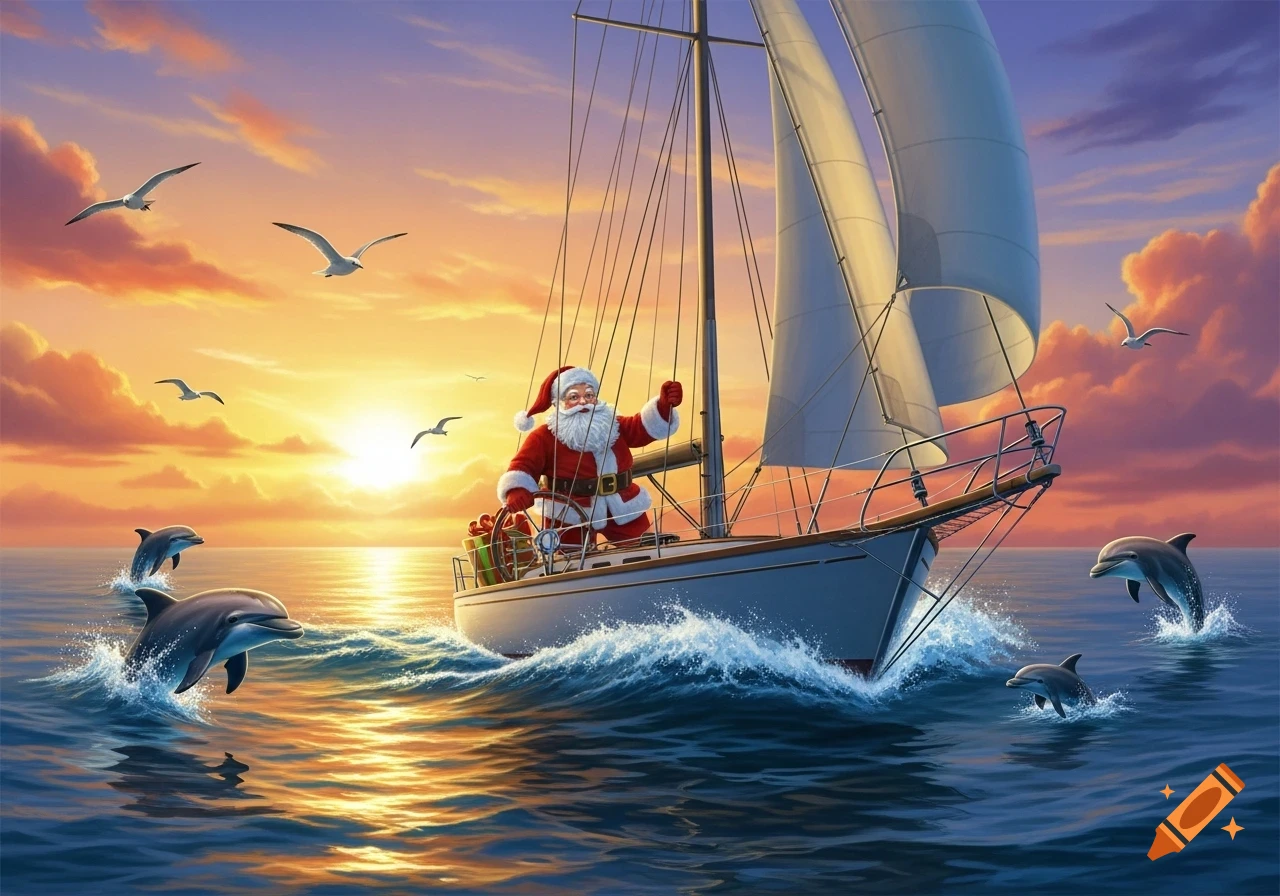 Santa Claus steers a sailboat at sunset, surrounded by jumping dolphins and flying seagulls, in a colorful illustration.