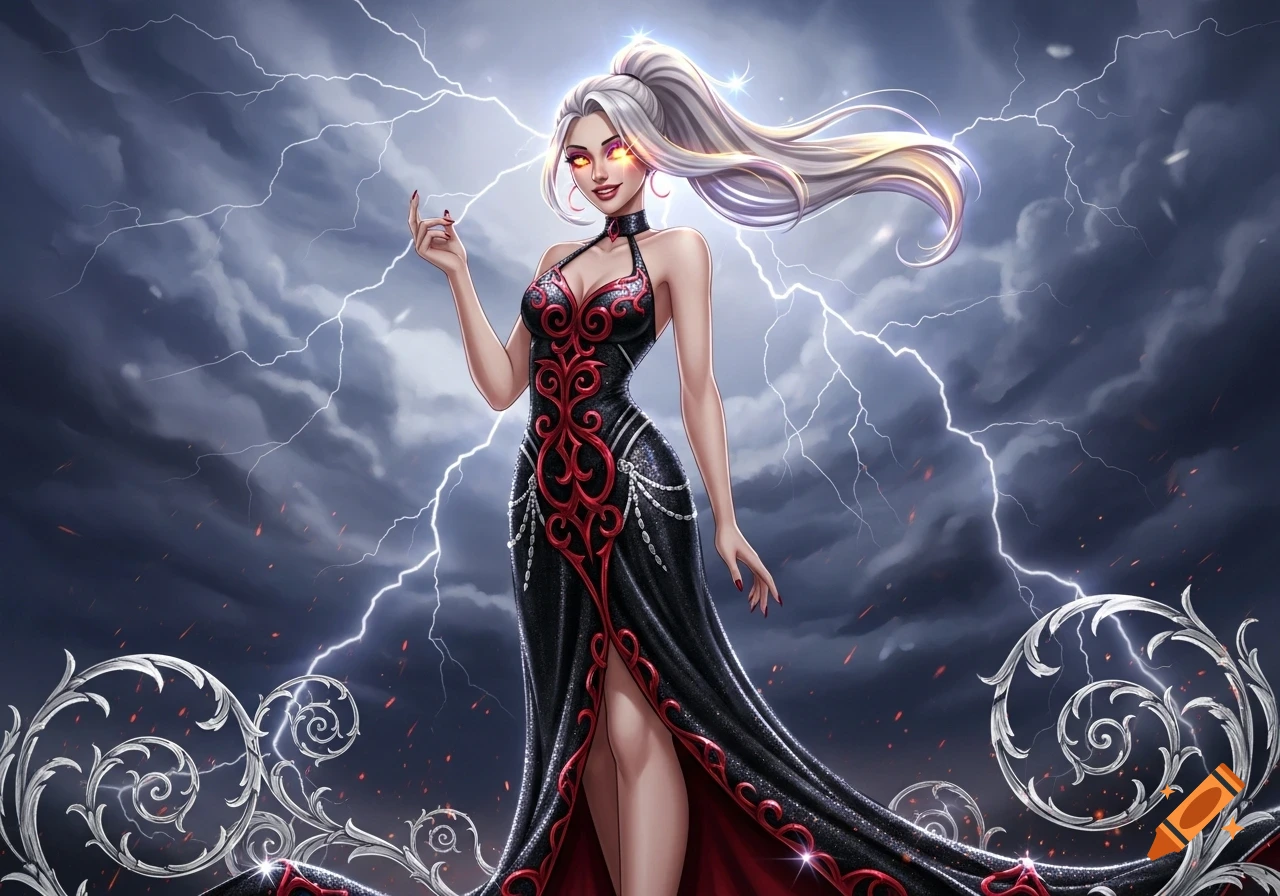 A stylized woman with long white hair, glowing eyes, and an ornate ...