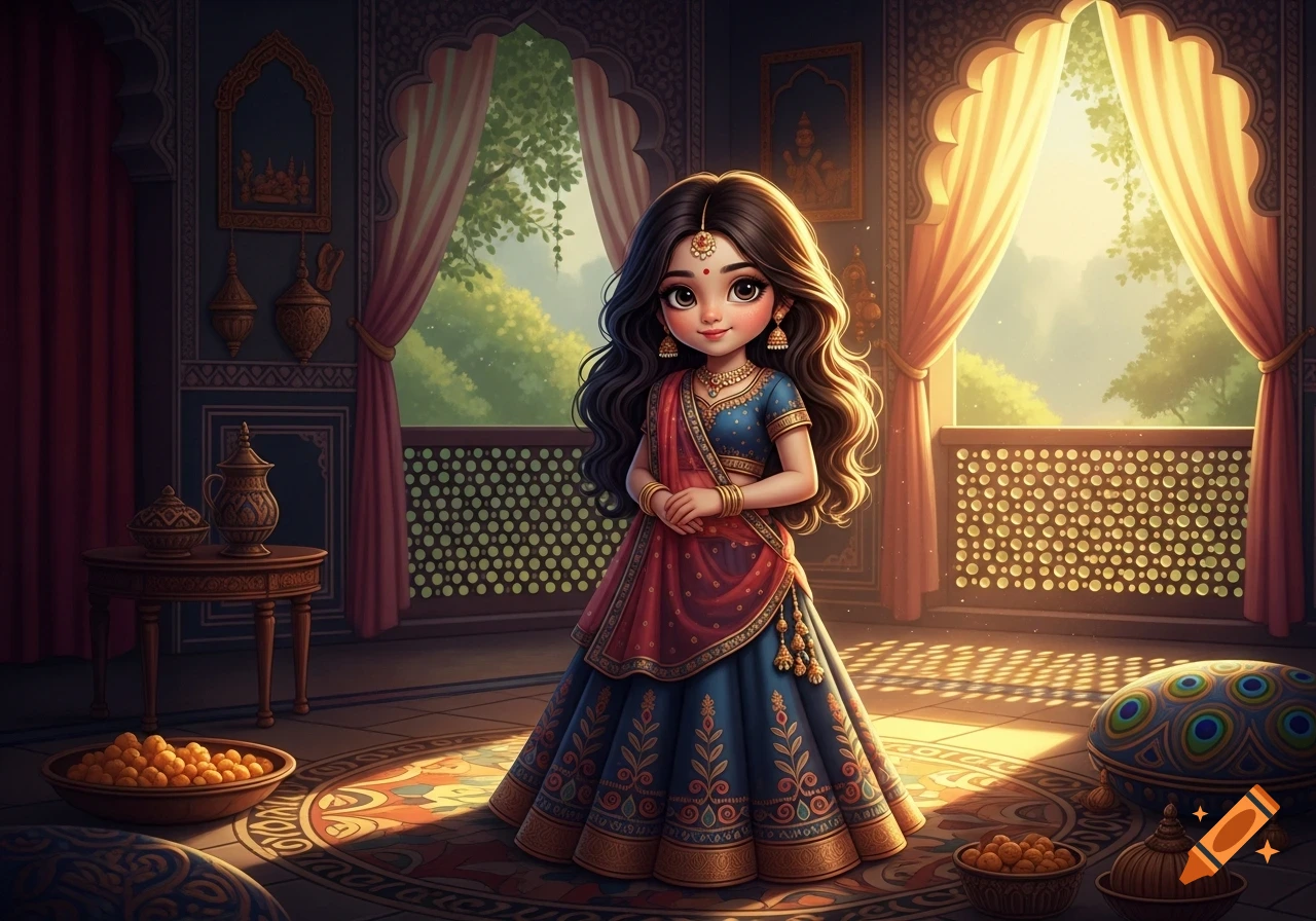 A cute cartoon Indian girl in a blue and red lehenga stands in an ornate room with large windows, bright sunlight streaming in.
