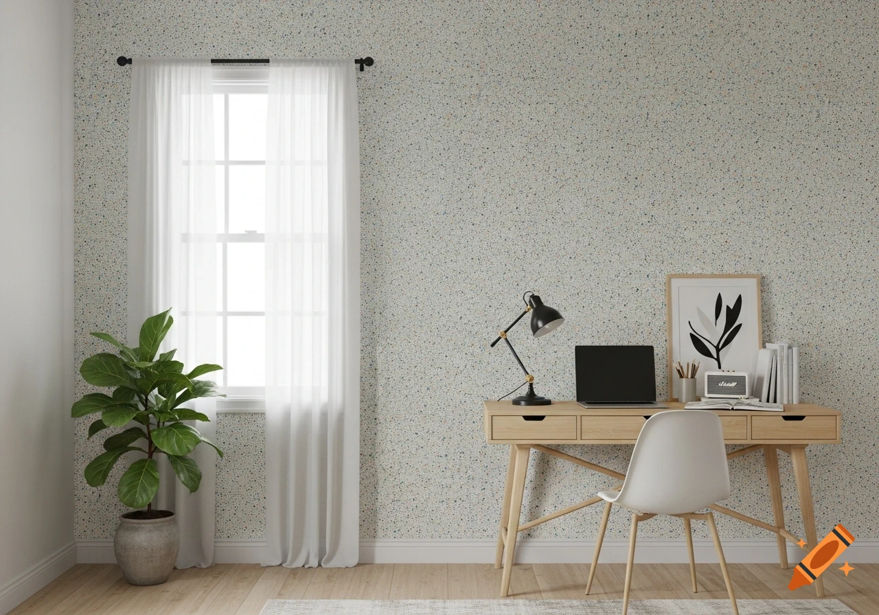 A modern home office with a light wood desk, laptop, lamp, books, and a plant next to a window with sheer curtains.