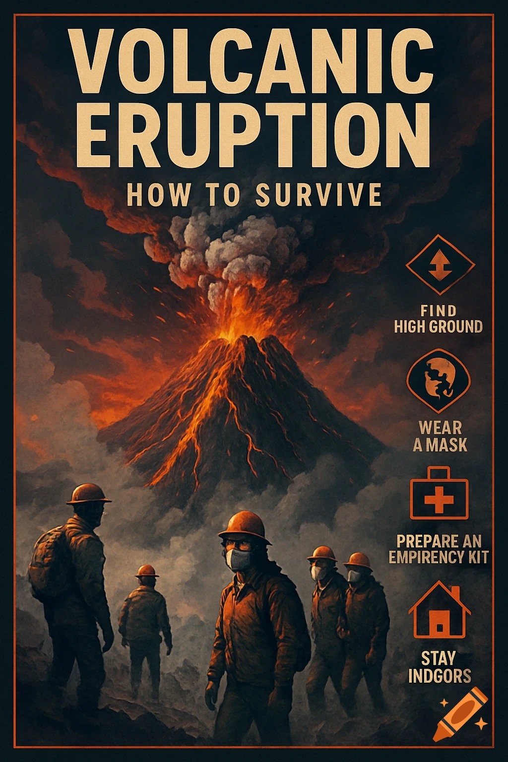 A dramatic poster depicting a volcanic eruption with lava flowing down, thick smoke, and four figures in hard hats and masks. Text provides survival tips.