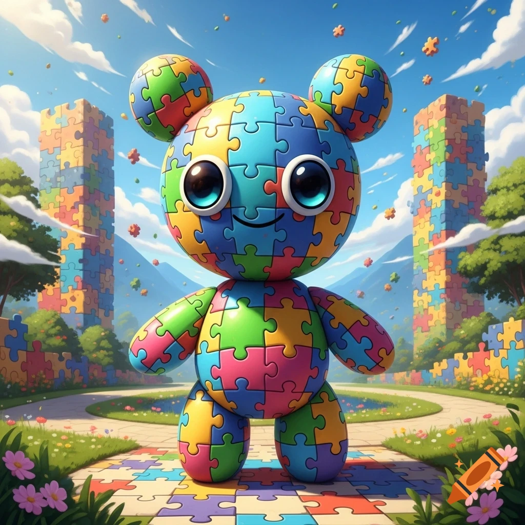 A vibrant cartoon character made of colorful puzzle pieces, smiling in a fantastical landscape with puzzle towers, paths, and floating pieces.