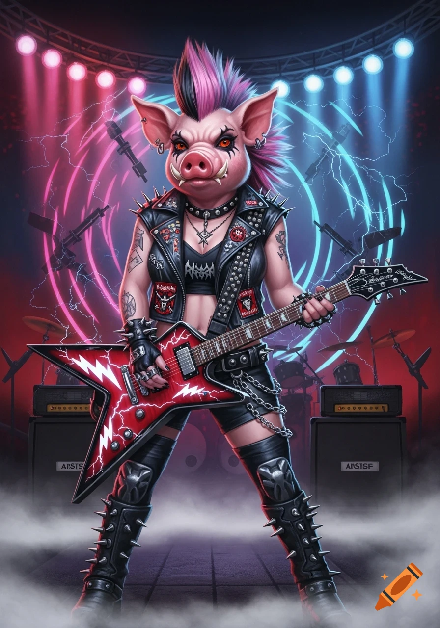 An anthropomorphic pig character with a pink mohawk in a heavy metal outfit, holding a red electric guitar on a stage with neon lights.