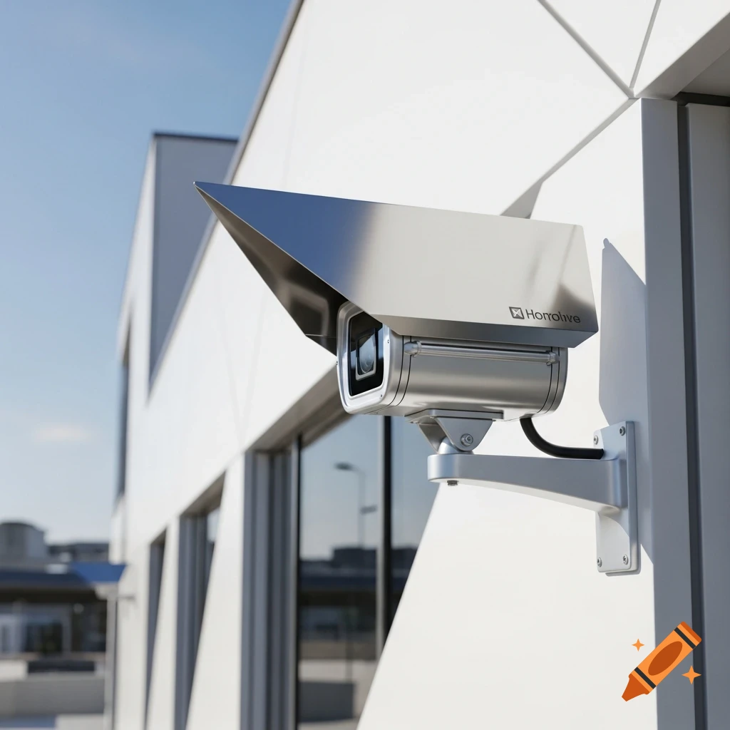 A photorealistic close-up of a silver security camera mounted on a modern white building under a clear blue sky.
