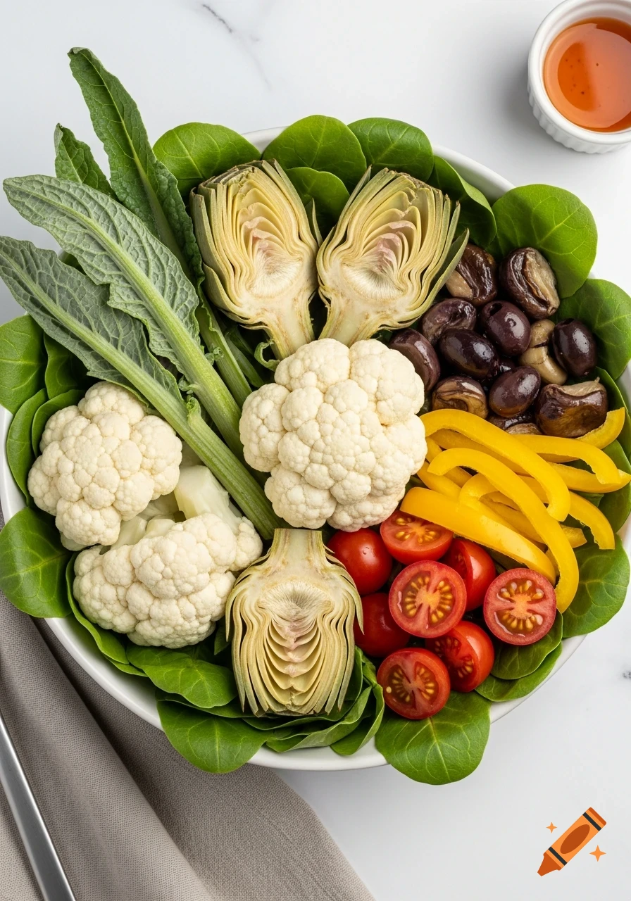 Overhead shot of a colorful salad with cauliflower, artichokes, spinach, tomatoes, bell peppers, and olives.