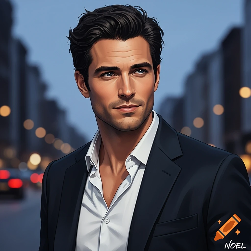 A handsome man with dark hair and a suit in a city at dusk, looking right.