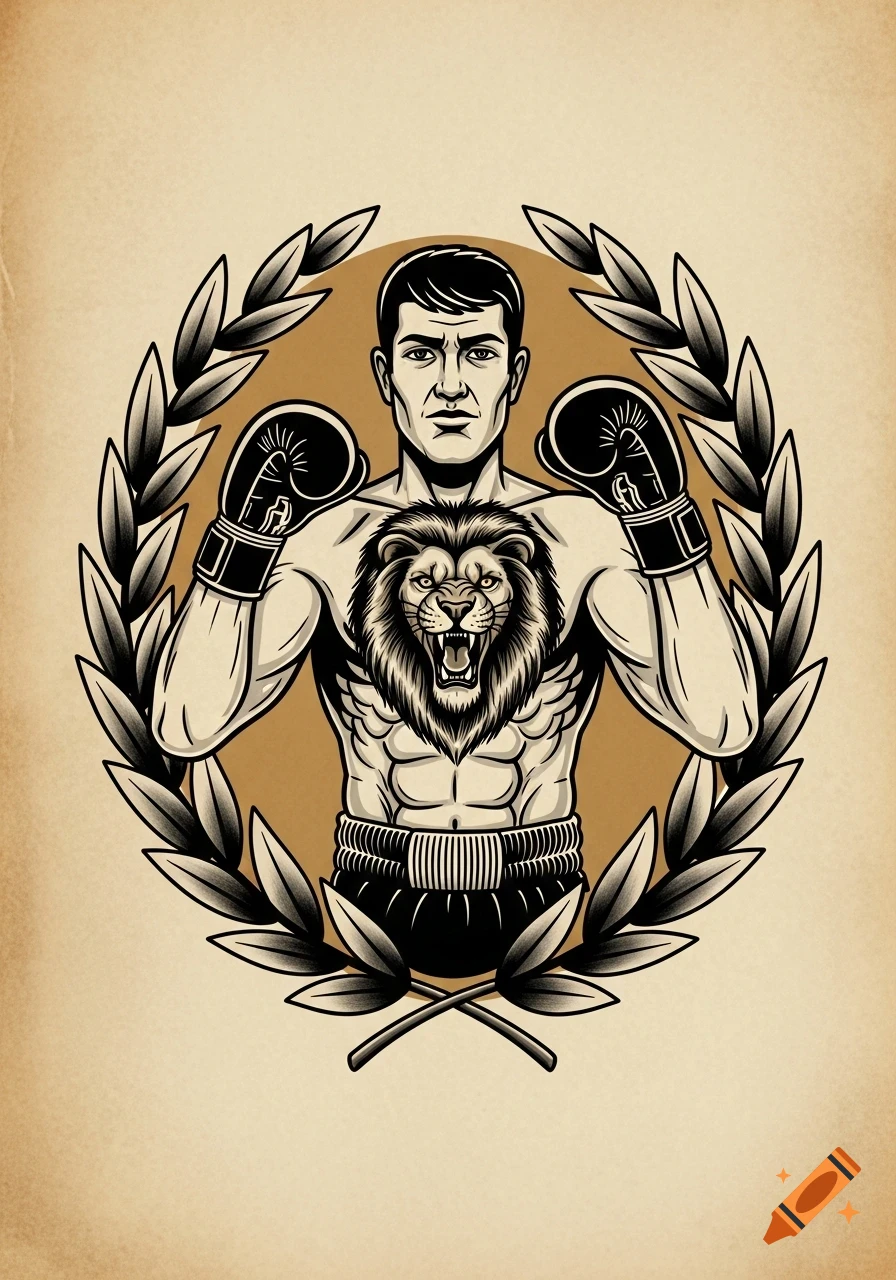 An old-school tattoo style illustration of a muscular boxer with a fierce lion head tattoo on his chest, framed by a laurel wreath.