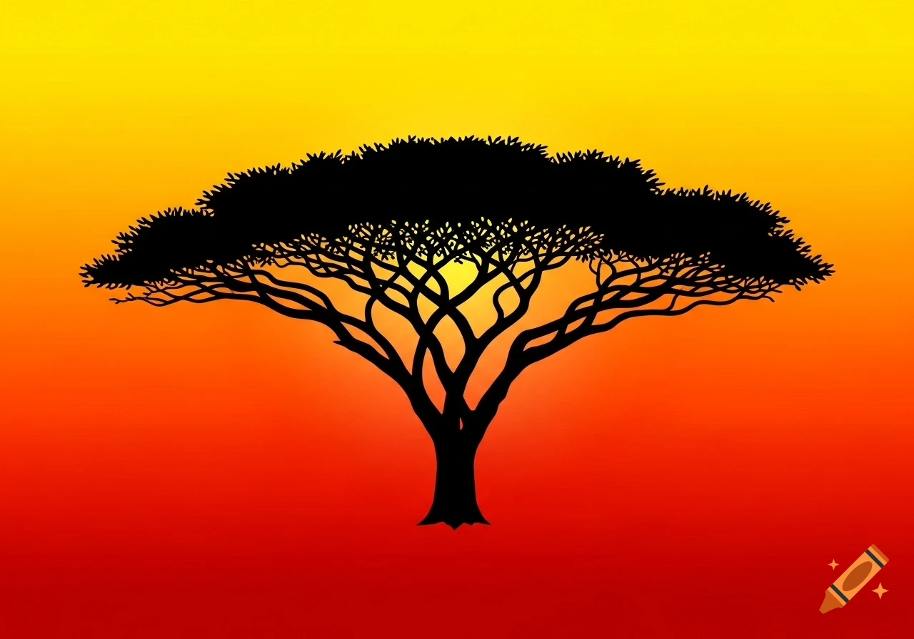 A black silhouette of an acacia tree against a gradient background of red, orange, and yellow, mimicking an African sunset.