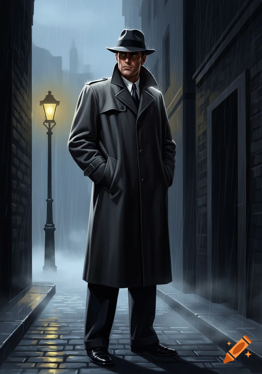 A man in a fedora and trench coat stands in a dark, rainy alley, lit by a street lamp, in a film noir illustration.
