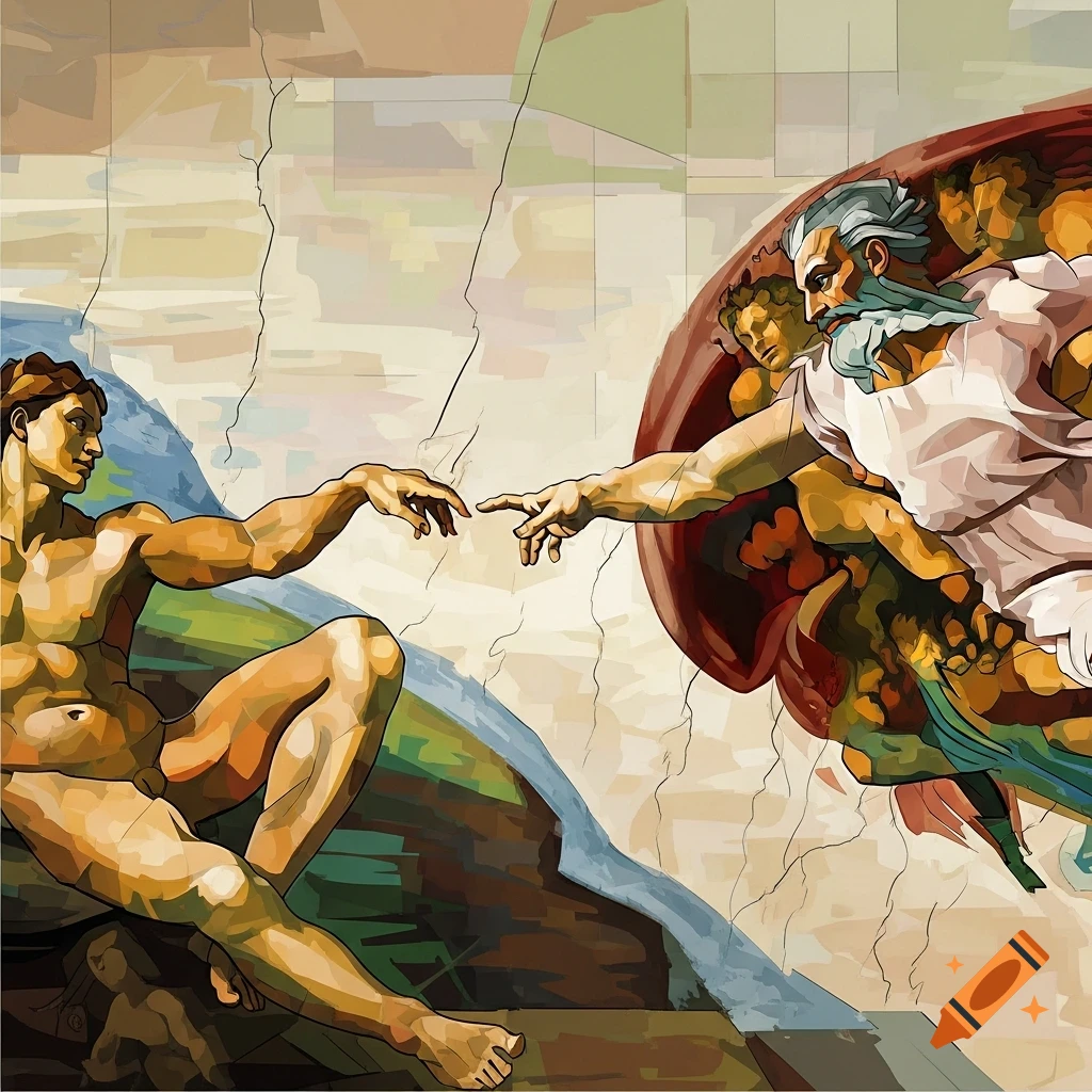 Stylized depiction of Michelangelo's The Creation of Adam, with God and Adam reaching towards each other, in an angular, cubist art style.