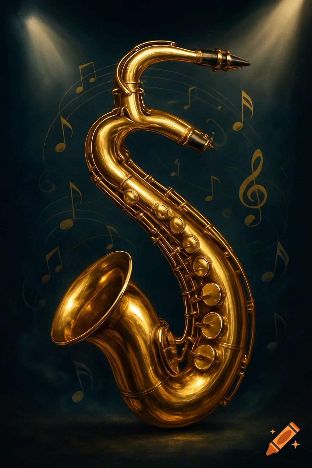 A shiny golden saxophone shaped like the letter S stands upright, surrounded by floating musical notes under spotlights.