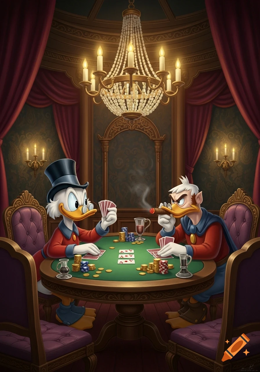 Scrooge McDuck and Flintheart Glomgold, anthropomorphic ducks, playing poker at a green table in a lavish, dimly lit room with a grand chandelier.