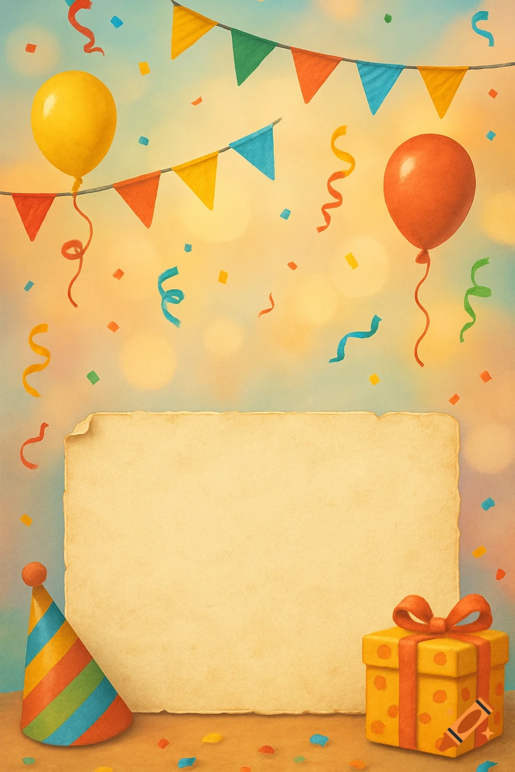 Colorful birthday invitation flyer template with balloons, confetti, a party hat, gift, and a blank textured paper.