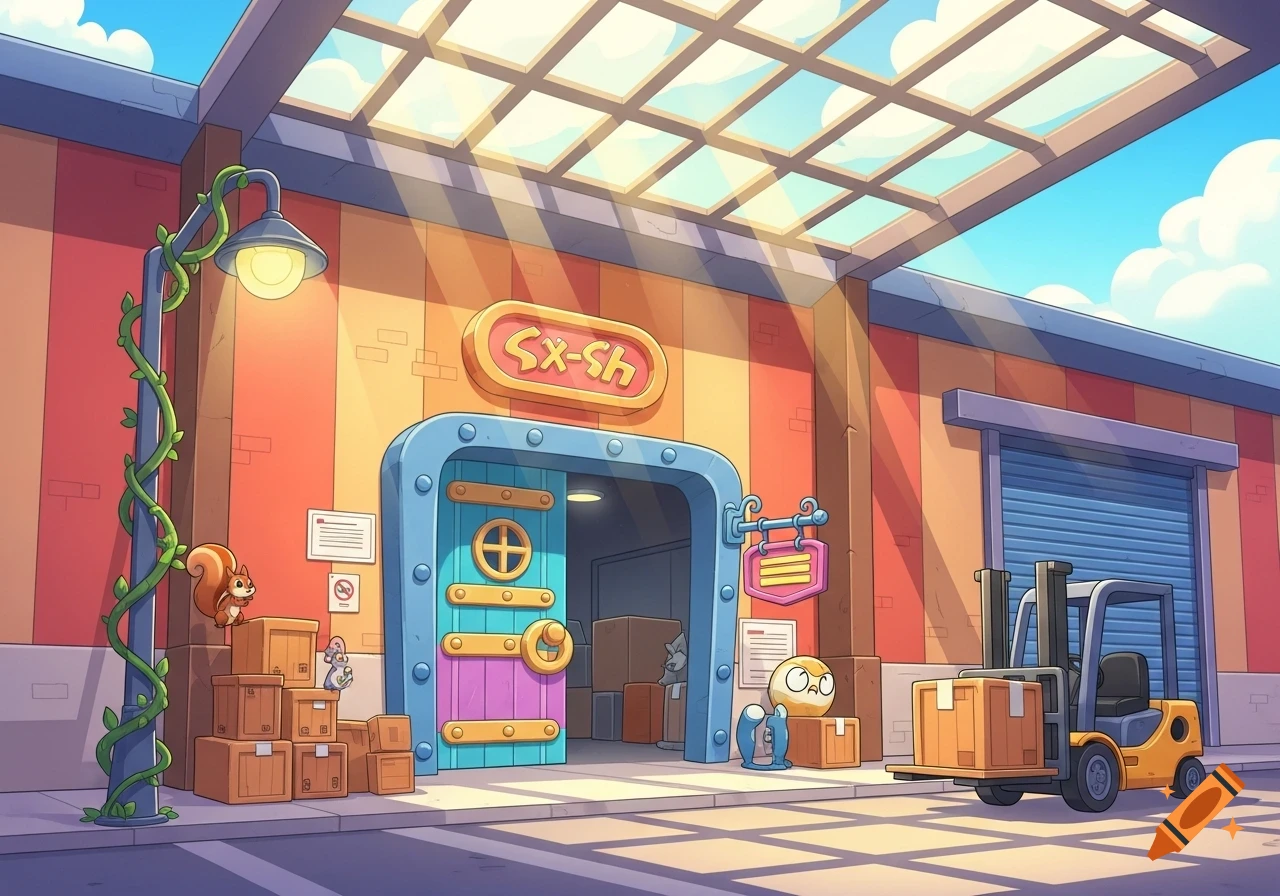 A colorful cartoon warehouse entrance with a forklift, a squirrel, and other small creatures, under a glass skylight.