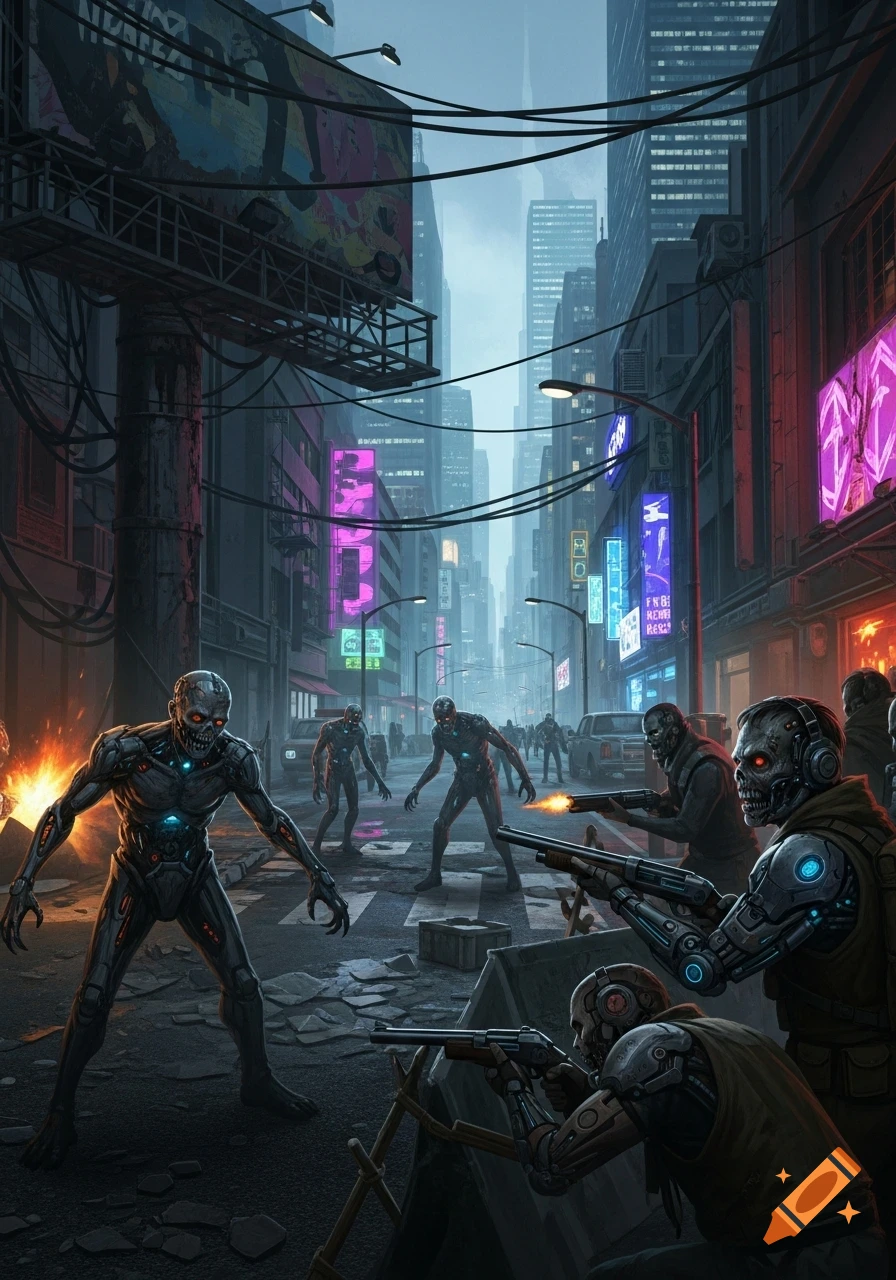 A futuristic street battle scene in a neon-lit cyberpunk city, where cybernetic humans with shotguns defend against advancing robotic zombies.