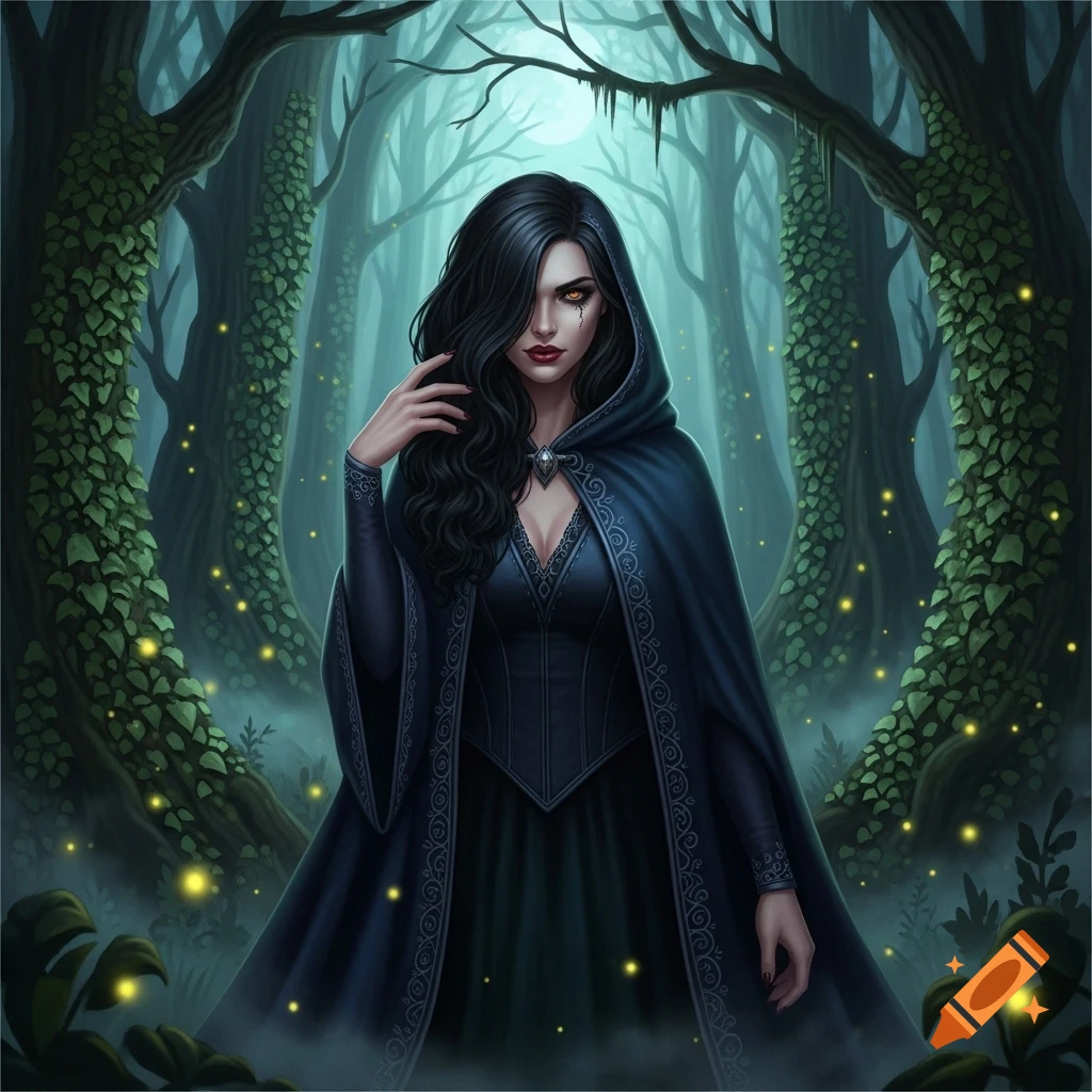 A dark-haired woman in a hooded cloak with glowing eyes stands in an enchanted, misty forest.
