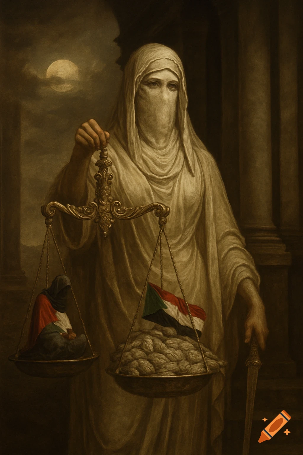Veiled Lady Justice holds scales; one side has a figure with a Palestinian flag, the other has multiple figures with a Sudanese flag.