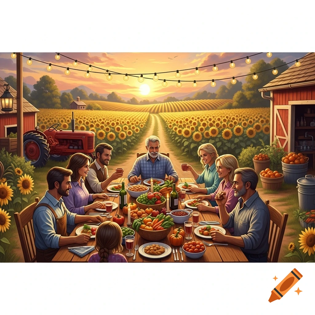 An illustrated family dines outdoors on a farm at sunset, surrounded by fields of sunflowers and farm buildings.
