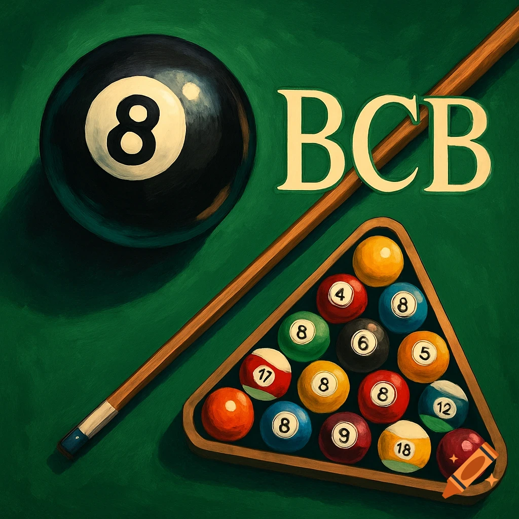 An overhead view of a green billiard table with a black 8-ball, a cue stick, and a triangular rack of colorful pool balls. The initials "BCB" are visible on the table.