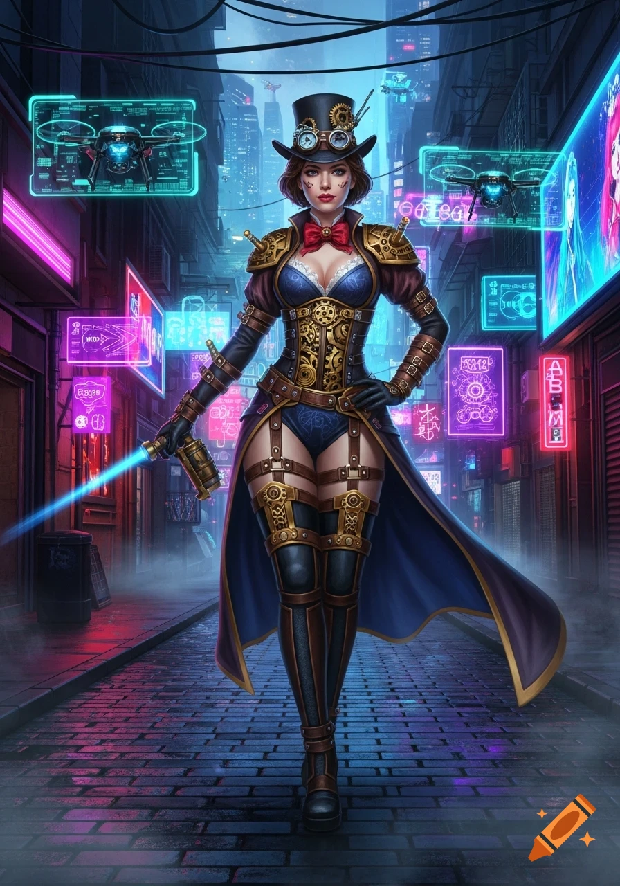 A woman in a detailed steampunk costume with a top hat and goggles stands in a futuristic cyberpunk alley illuminated by neon signs, holding a glowing weapon.