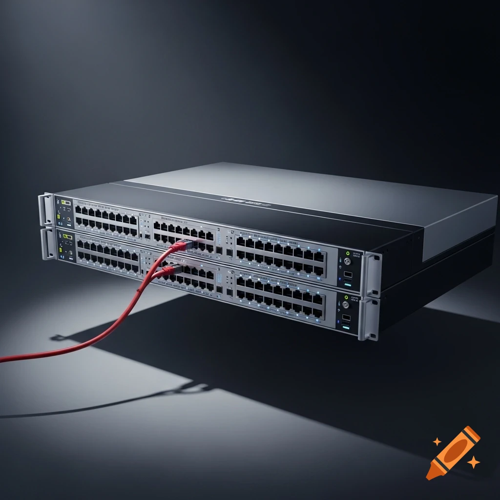 Two stacked network switches with numerous ports, one red ethernet cable plugged into the top switch, against a dark background.