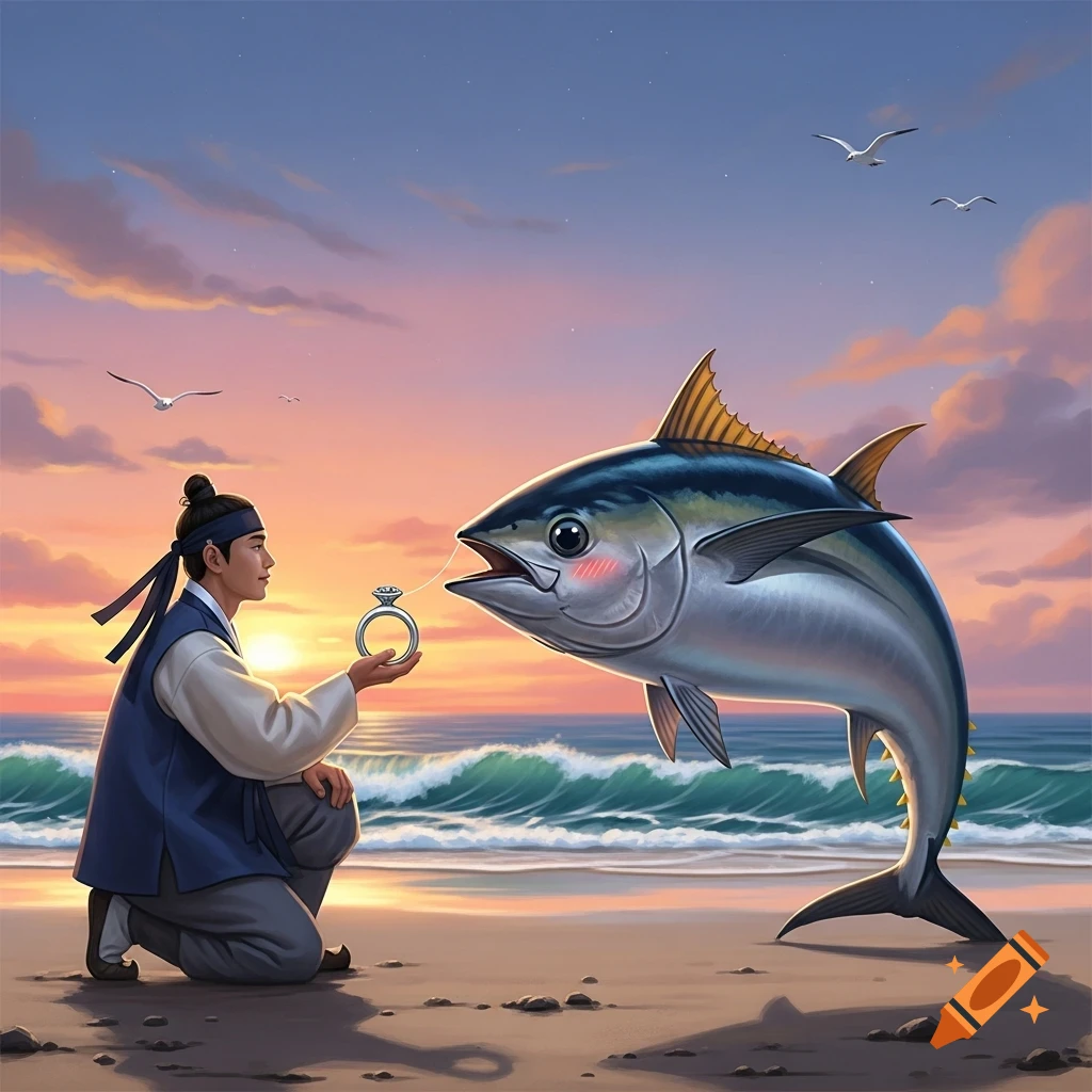 A Korean man in traditional attire kneels on a beach at sunset, proposing to a blushing tuna fish with a diamond ring.