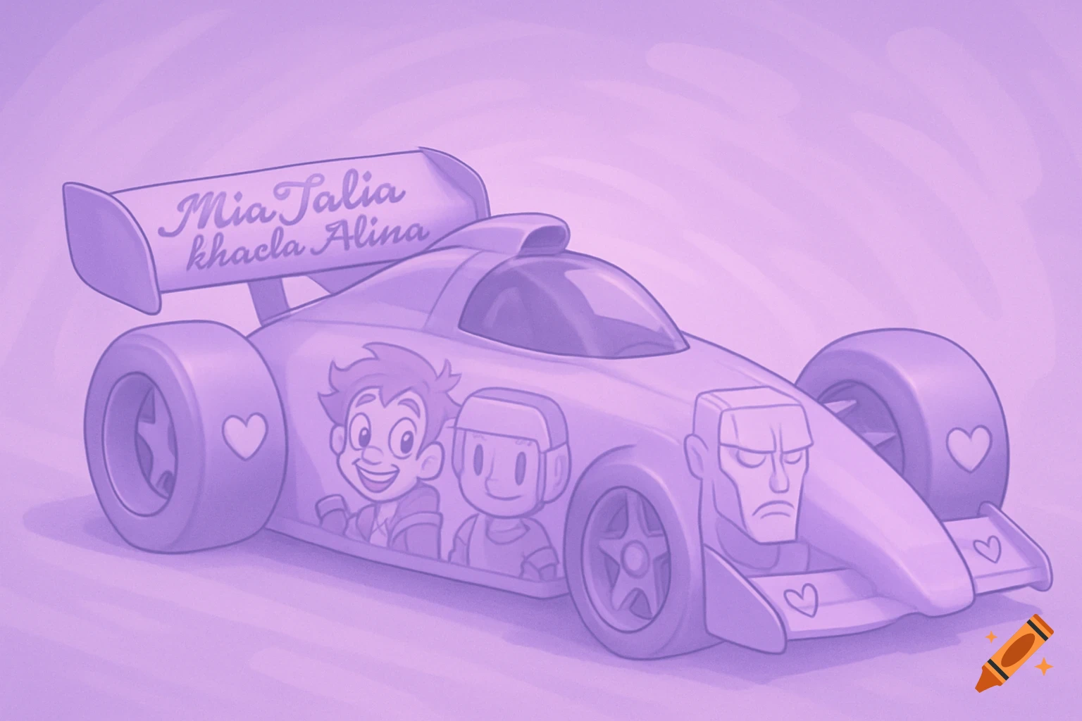 A monochromatic purple cartoon toy race car decorated with characters, hearts, and names on the spoiler.